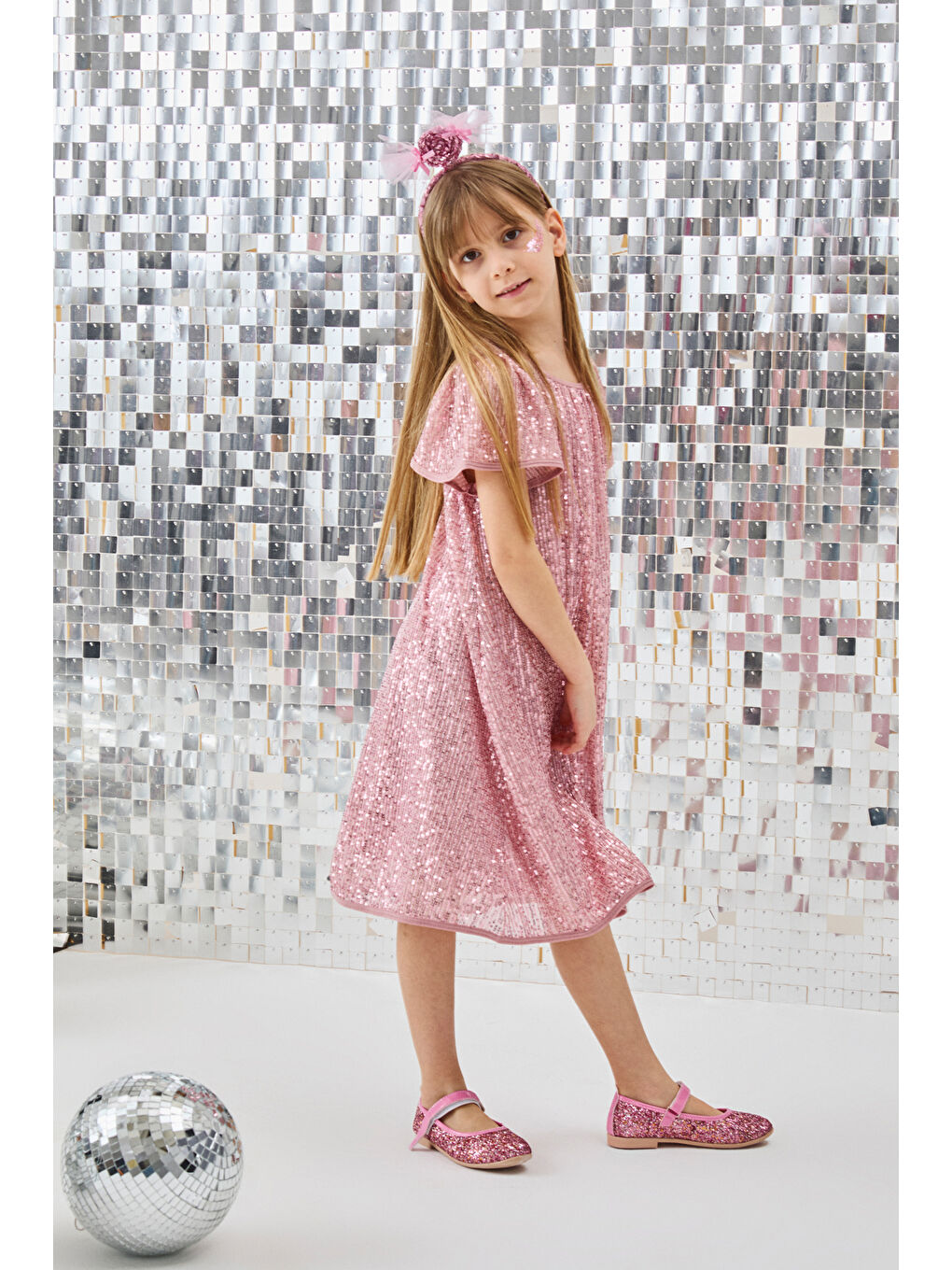 Pembe Pul Payetli Kız Çocuk Elbise-Siri-1