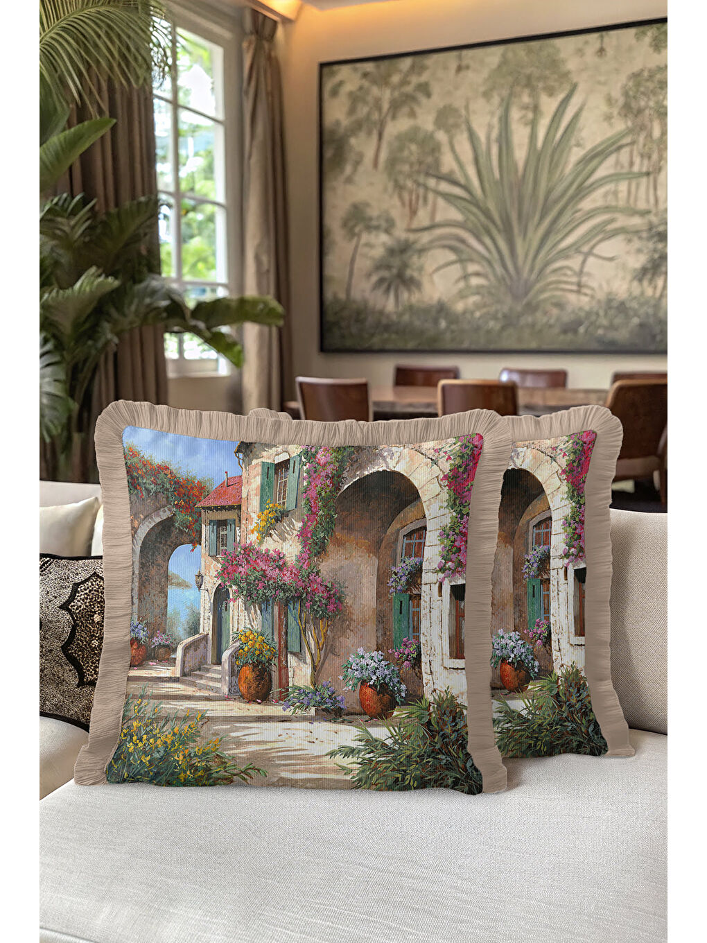 Karışık Akdeniz Esintisi Saçaklı Yastık Kılıfı - Bahar Bahçesi Rustik Bej Püsküllü Kırlent Kılıfı-5