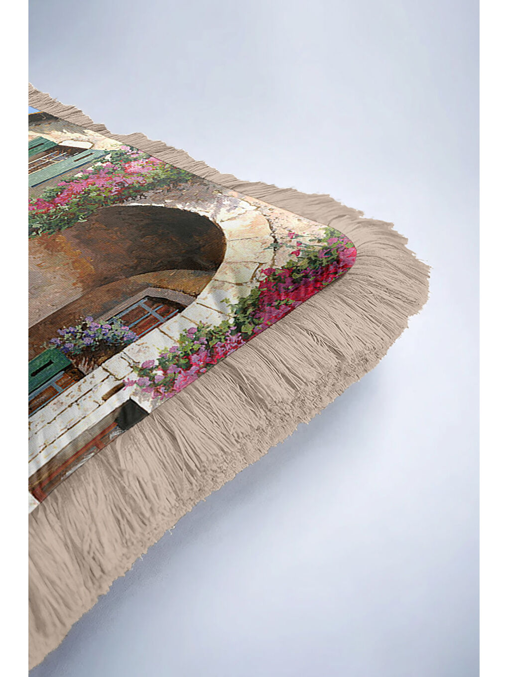 Karışık Akdeniz Esintisi Saçaklı Yastık Kılıfı - Bahar Bahçesi Rustik Bej Püsküllü Kırlent Kılıfı-6