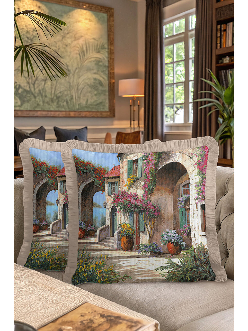 Karışık Akdeniz Esintisi Saçaklı Yastık Kılıfı - Bahar Bahçesi Rustik Bej Püsküllü Kırlent Kılıfı-7