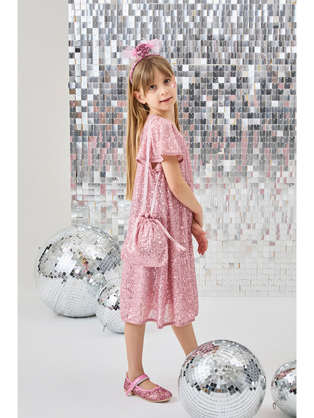 Pembe Pul Payetli Kız Çocuk Elbise-Siri-2