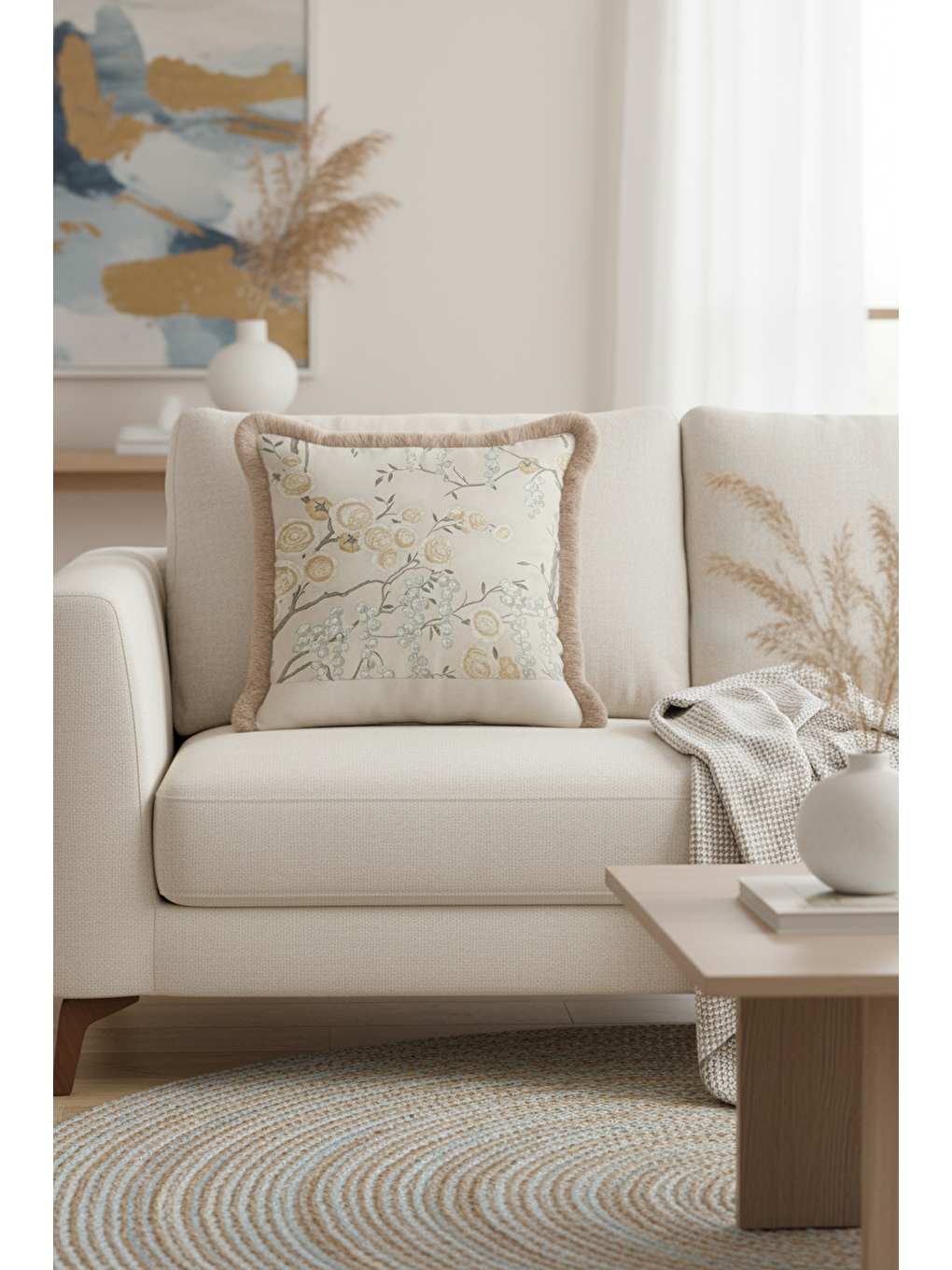 Karışık Lüks Çiçek Bahçesi Saçaklı Yastık Kılıfı - Zarif Country Stil Badem Bej Püsküllü Kırlent Kılıfı-1