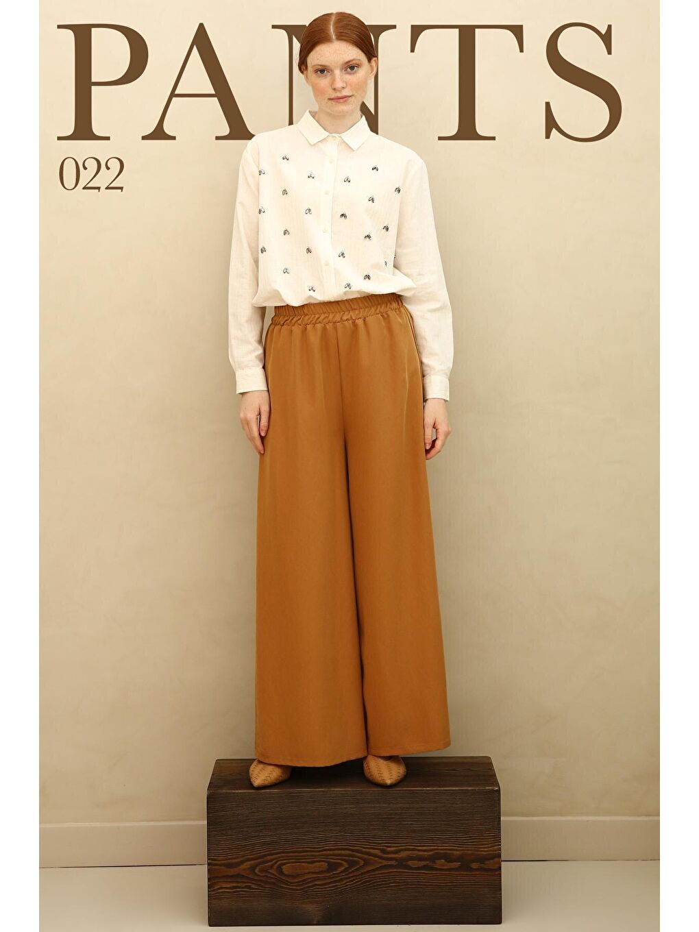 Kahverengi Sütlü Kahve Beli Lastikli Bol Paça Doğal Kumaş Pantolon