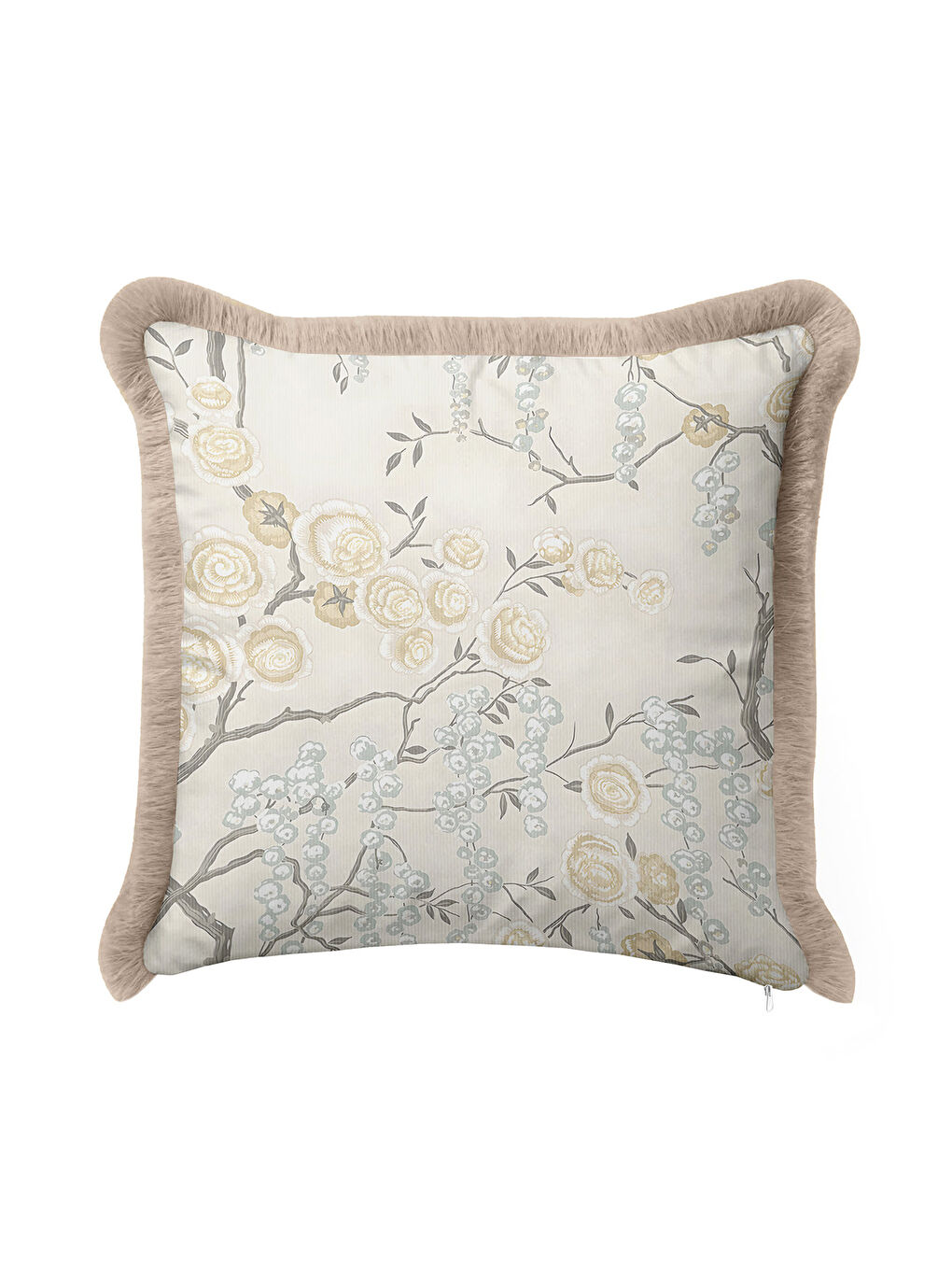 Karışık Lüks Çiçek Bahçesi Saçaklı Yastık Kılıfı - Zarif Country Stil Badem Bej Püsküllü Kırlent Kılıfı-2