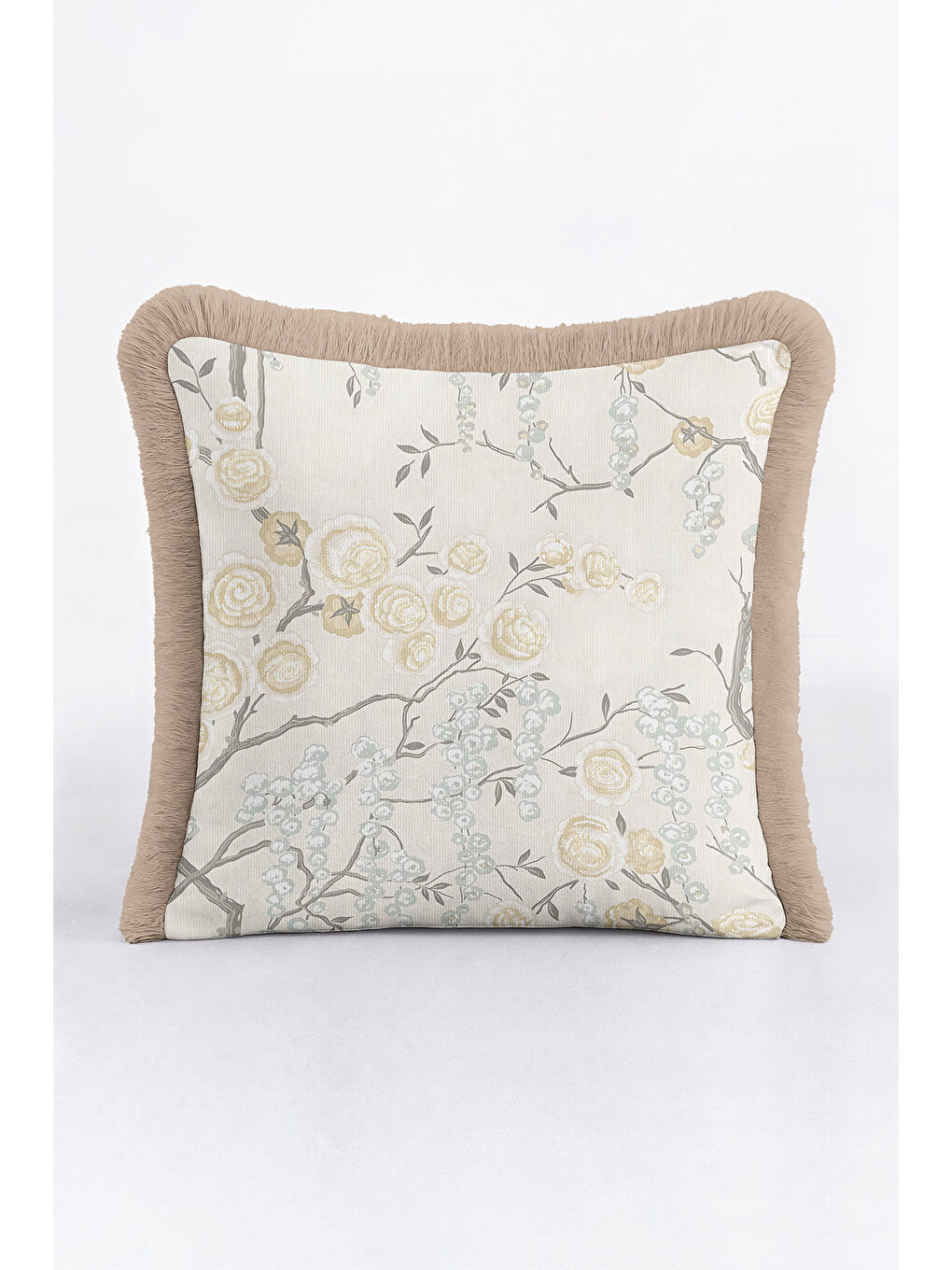 Karışık Lüks Çiçek Bahçesi Saçaklı Yastık Kılıfı - Zarif Country Stil Badem Bej Püsküllü Kırlent Kılıfı-4