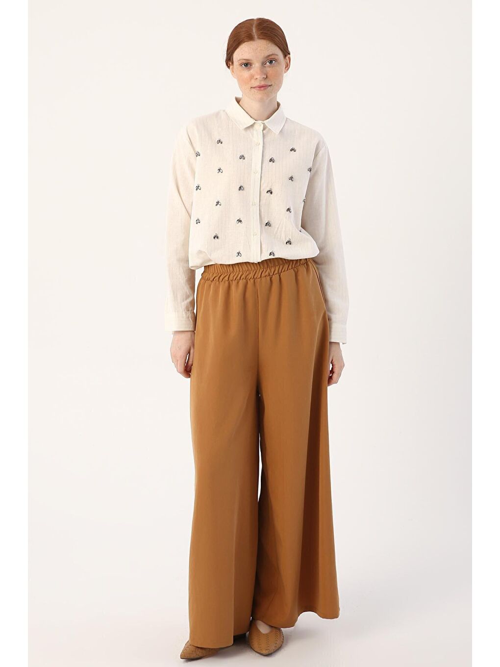 Kahverengi Sütlü Kahve Beli Lastikli Bol Paça Doğal Kumaş Pantolon-1