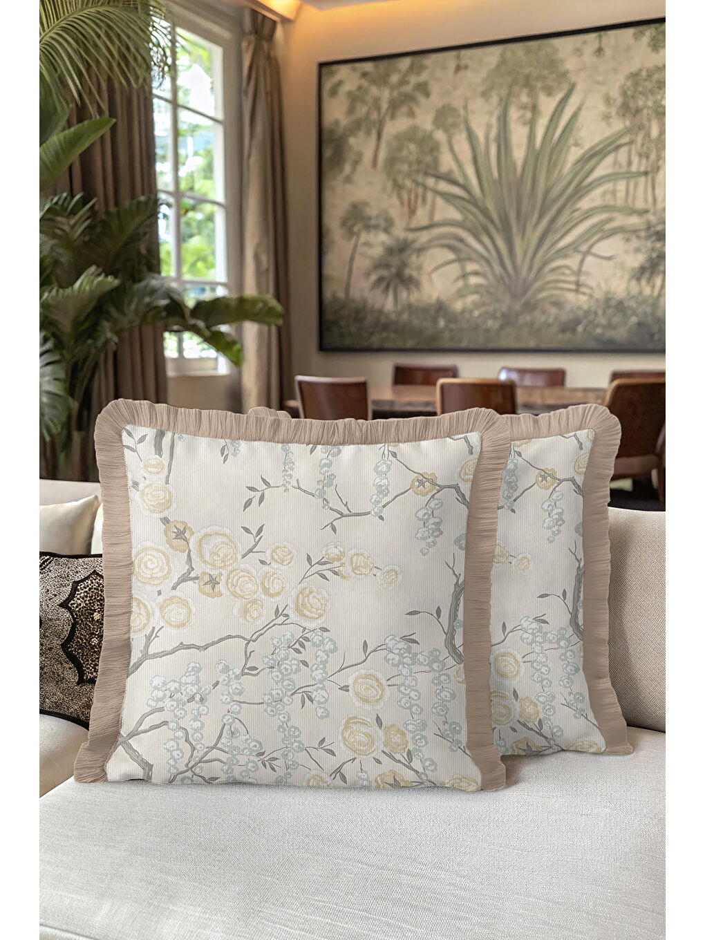 Karışık Lüks Çiçek Bahçesi Saçaklı Yastık Kılıfı - Zarif Country Stil Badem Bej Püsküllü Kırlent Kılıfı-5