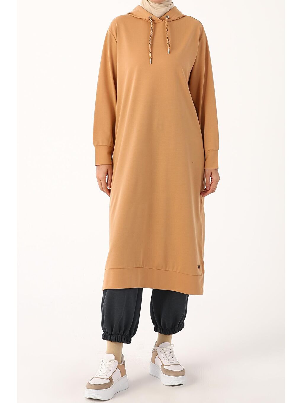 Kahverengi Kiremit Leopar Bağcıklı Kapüşonlu Rahat Örme Tunik-1