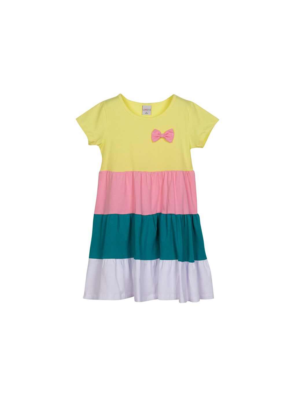 Açık Sarı + Beyaz Kız Çocuk Kısa Kol Fiyonklu Renkli Kat Kat Elbise