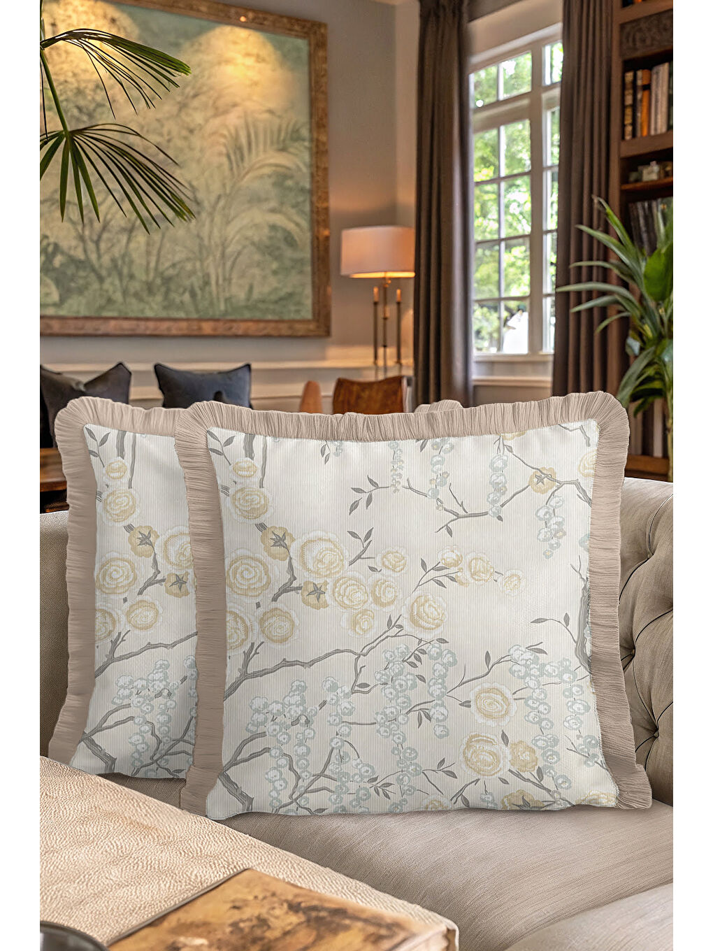 Karışık Lüks Çiçek Bahçesi Saçaklı Yastık Kılıfı - Zarif Country Stil Badem Bej Püsküllü Kırlent Kılıfı-7