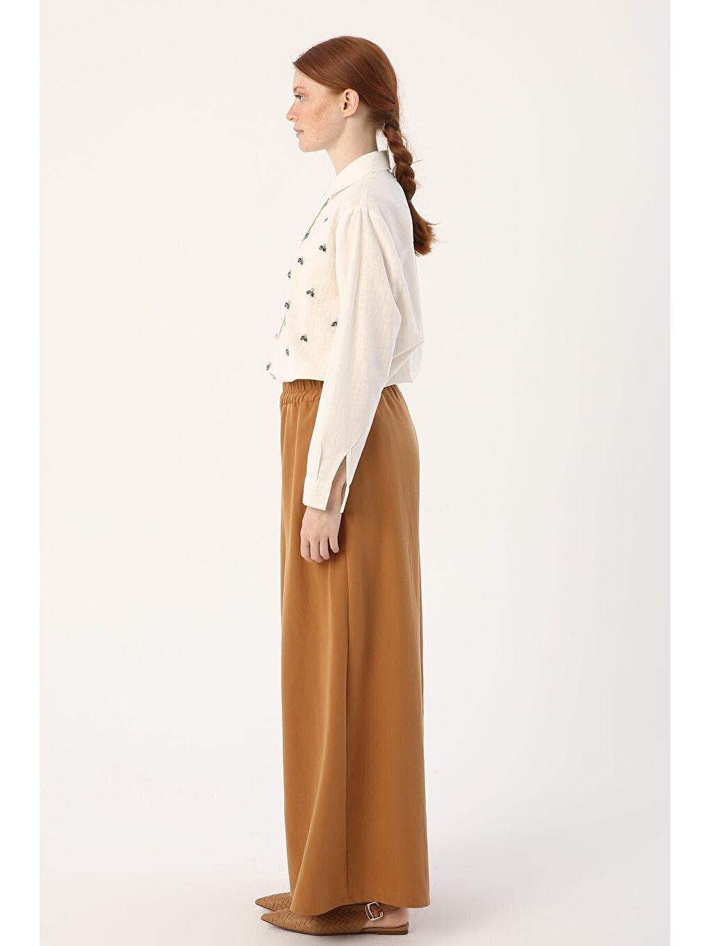 Kahverengi Sütlü Kahve Beli Lastikli Bol Paça Doğal Kumaş Pantolon-2