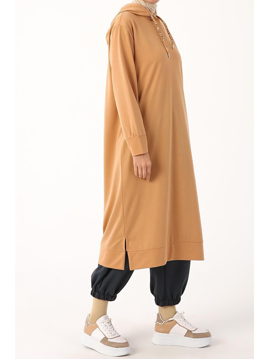 Kahverengi Kiremit Leopar Bağcıklı Kapüşonlu Rahat Örme Tunik-2