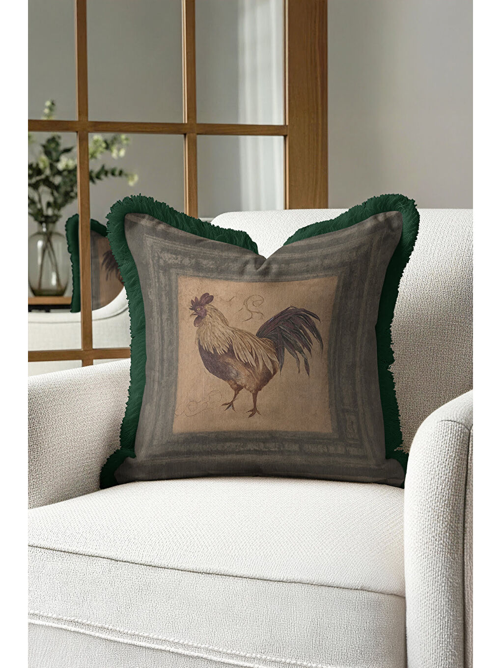 Karışık Vintage Tavuk Figürlü Saçaklı Yastık Kılıfı - Country Stil Yeşil Kenarlı Püsküllü Kırlent Kılıfı