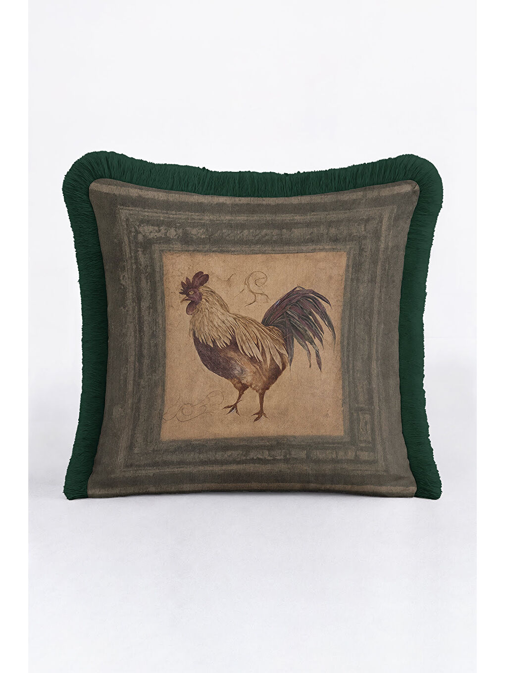 Karışık Vintage Tavuk Figürlü Saçaklı Yastık Kılıfı - Country Stil Yeşil Kenarlı Püsküllü Kırlent Kılıfı-1
