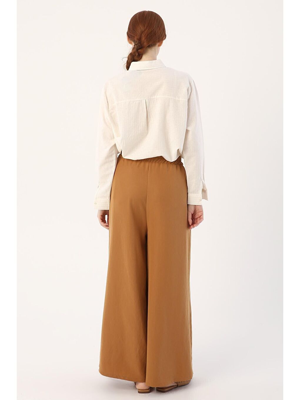 Kahverengi Sütlü Kahve Beli Lastikli Bol Paça Doğal Kumaş Pantolon-3