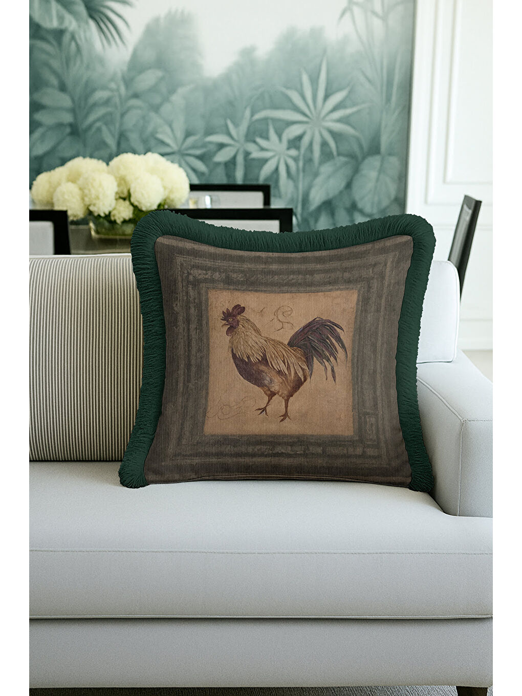 Karışık Vintage Tavuk Figürlü Saçaklı Yastık Kılıfı - Country Stil Yeşil Kenarlı Püsküllü Kırlent Kılıfı-2