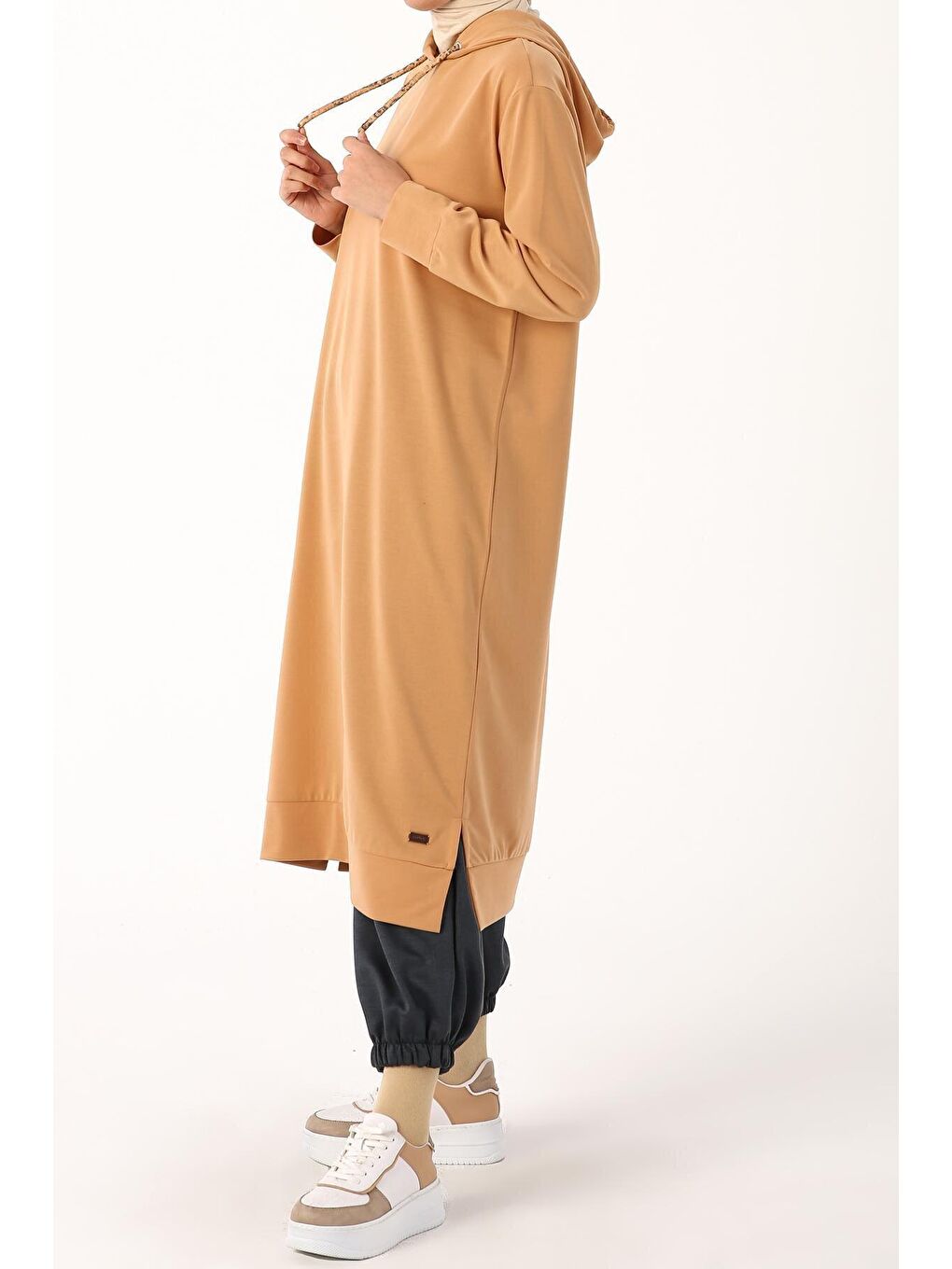 Kahverengi Kiremit Leopar Bağcıklı Kapüşonlu Rahat Örme Tunik-3