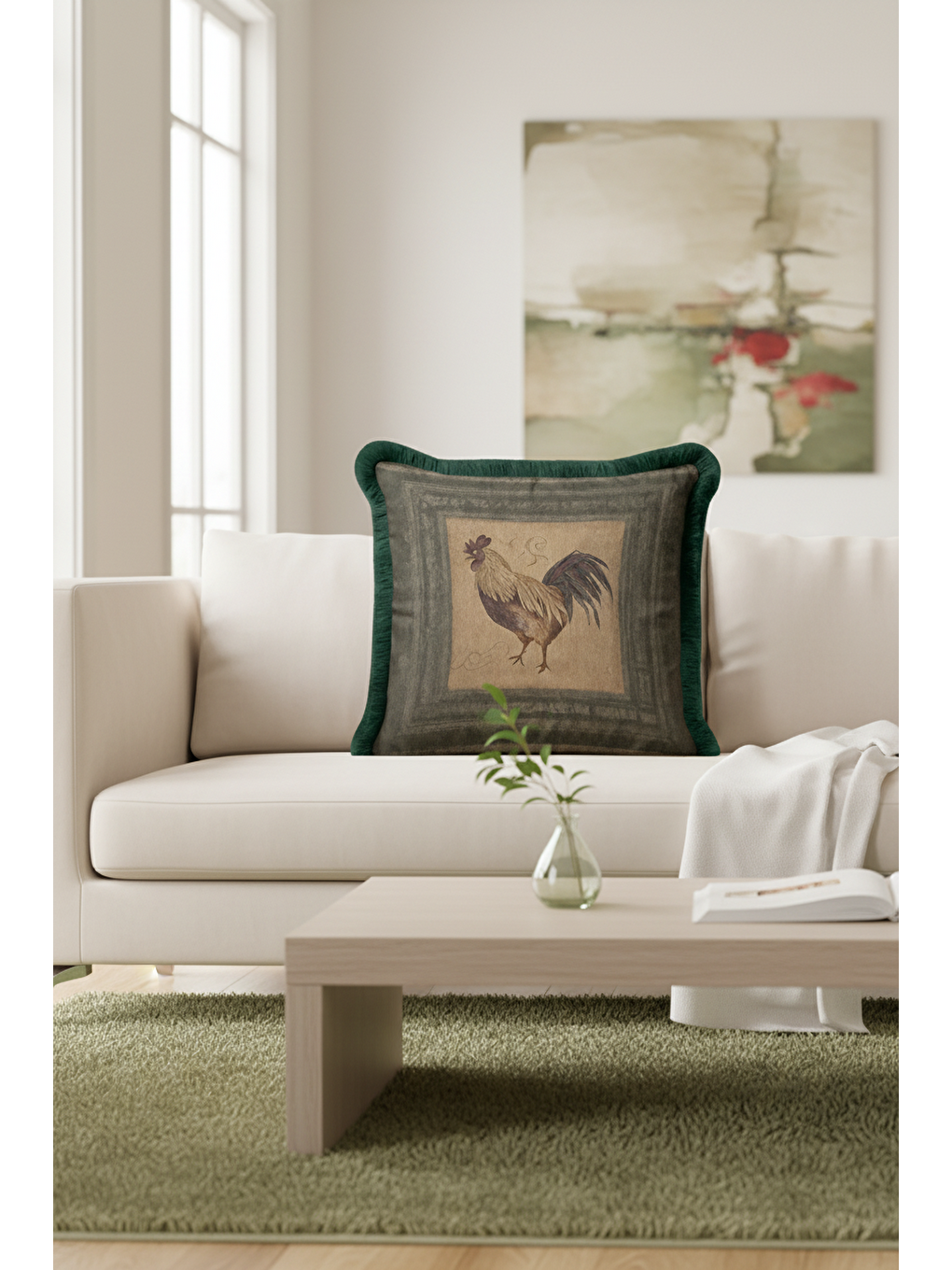 Karışık Vintage Tavuk Figürlü Saçaklı Yastık Kılıfı - Country Stil Yeşil Kenarlı Püsküllü Kırlent Kılıfı-3