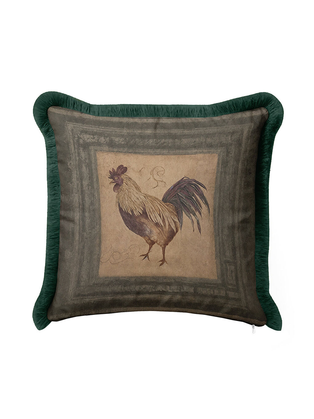 Karışık Vintage Tavuk Figürlü Saçaklı Yastık Kılıfı - Country Stil Yeşil Kenarlı Püsküllü Kırlent Kılıfı-4
