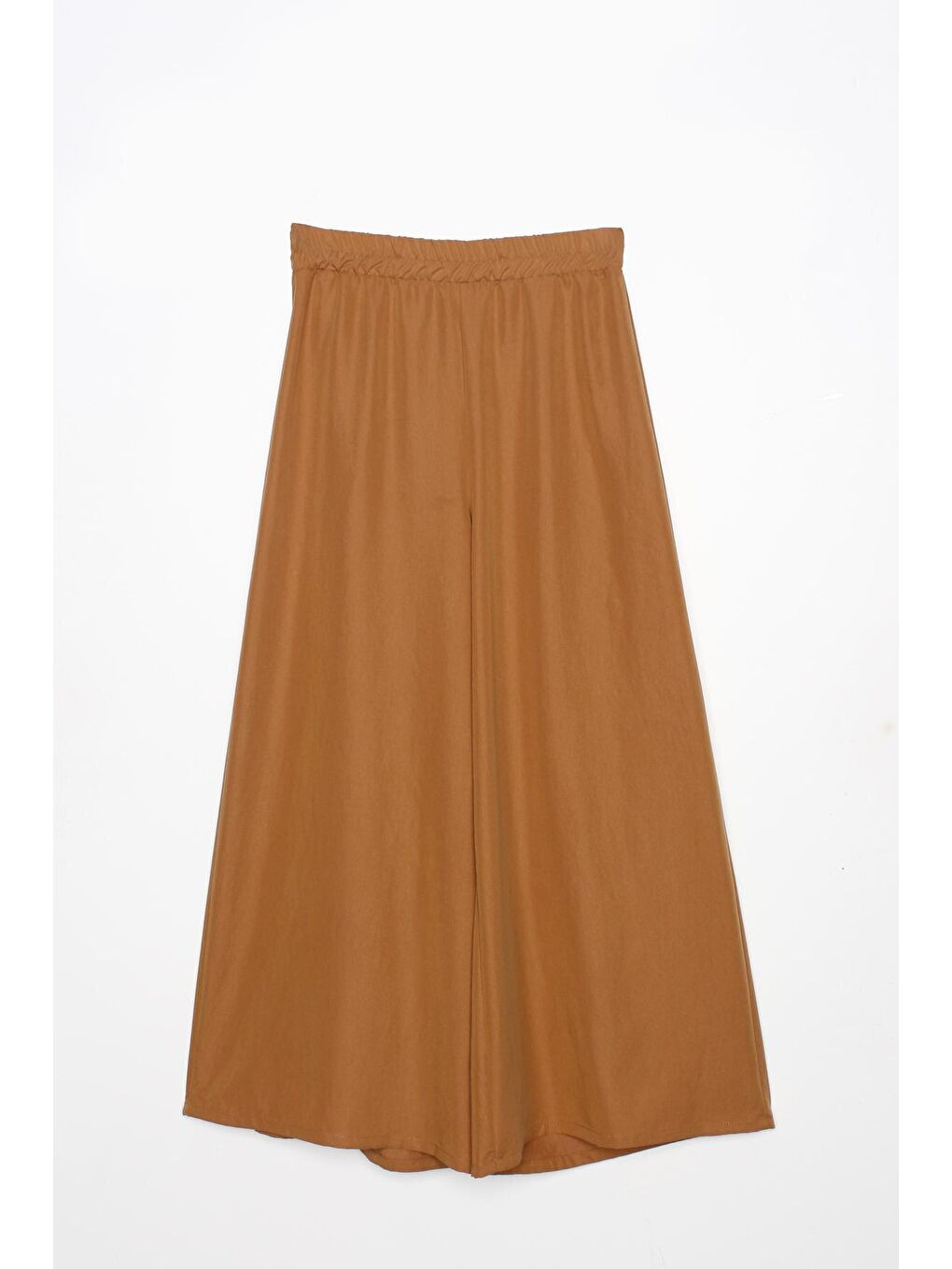 Kahverengi Sütlü Kahve Beli Lastikli Bol Paça Doğal Kumaş Pantolon-4