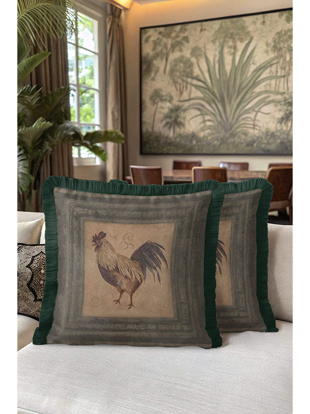 Karışık Vintage Tavuk Figürlü Saçaklı Yastık Kılıfı - Country Stil Yeşil Kenarlı Püsküllü Kırlent Kılıfı-5