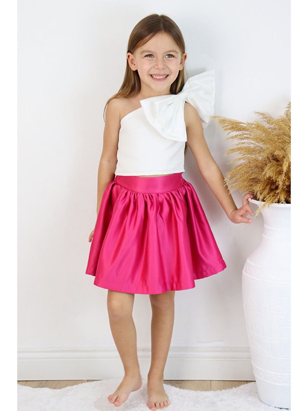 Fuşya Tek Omuzlu Fiyonk Detaylı Etek Crop Kız Çocuk İkili Takım - Luisa