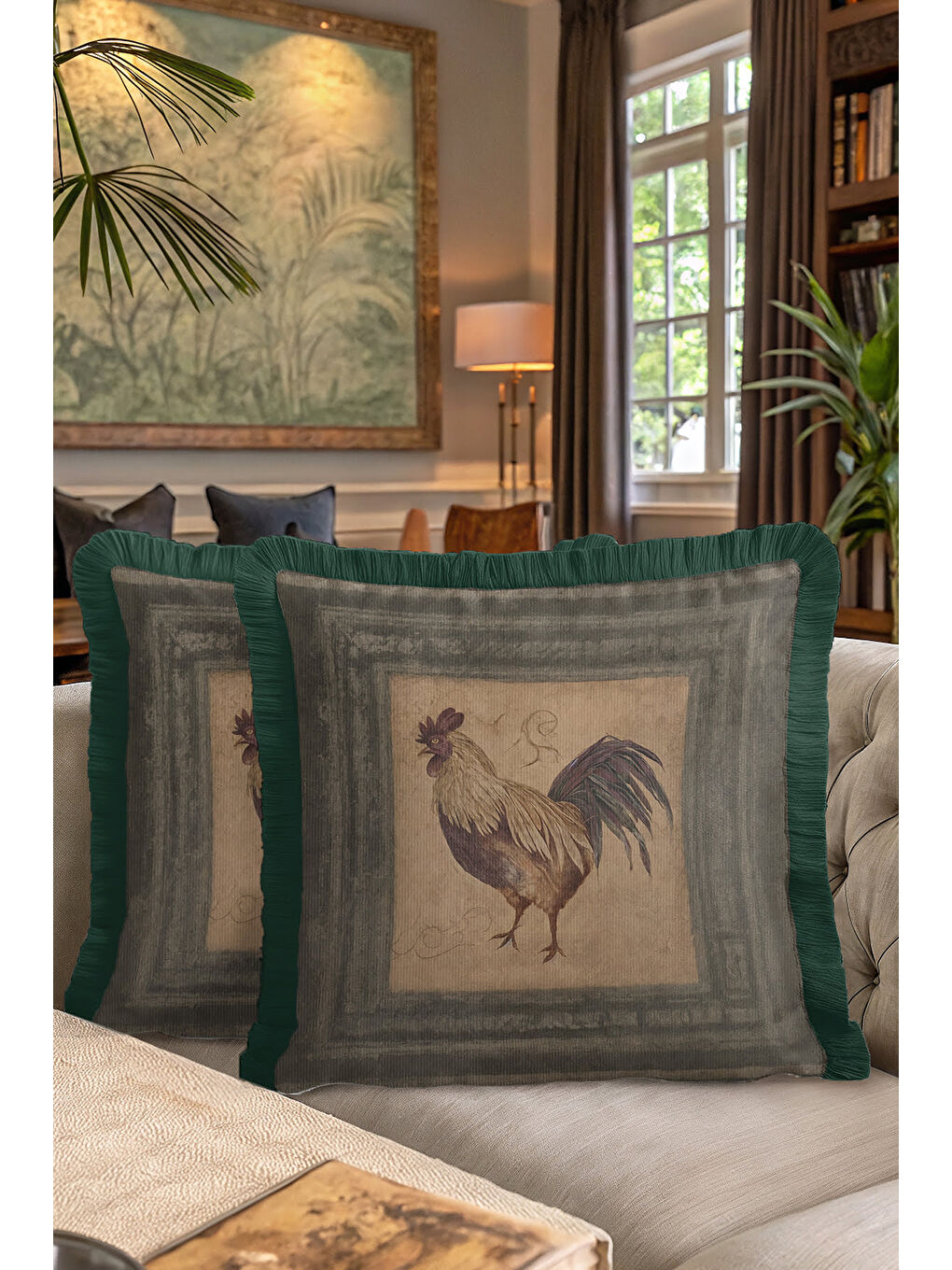 Karışık Vintage Tavuk Figürlü Saçaklı Yastık Kılıfı - Country Stil Yeşil Kenarlı Püsküllü Kırlent Kılıfı-7