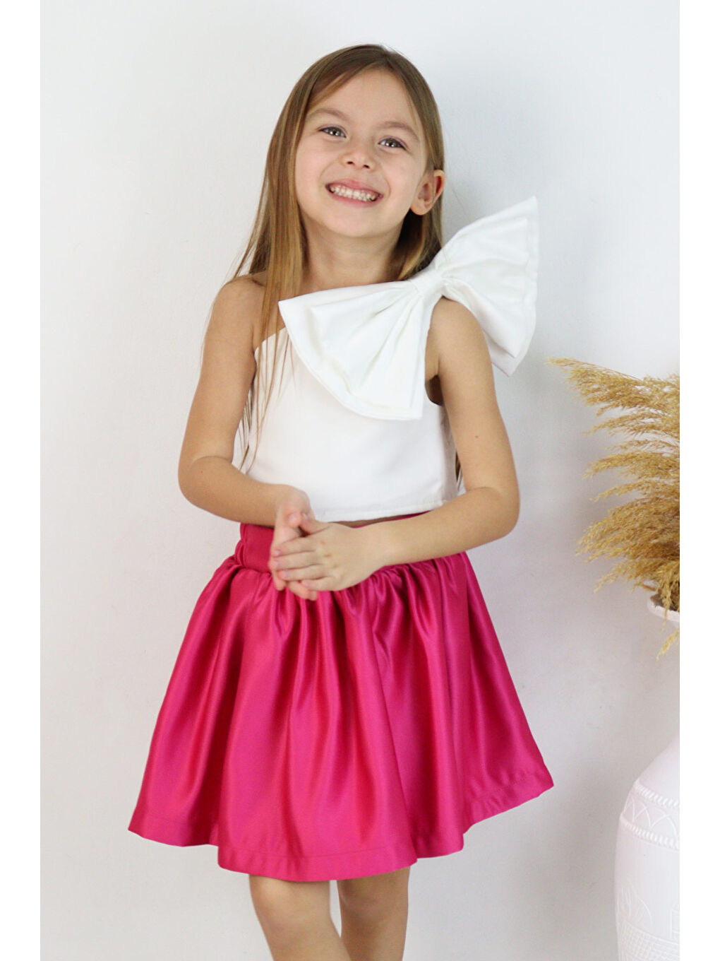 Fuşya Tek Omuzlu Fiyonk Detaylı Etek Crop Kız Çocuk İkili Takım - Luisa-1