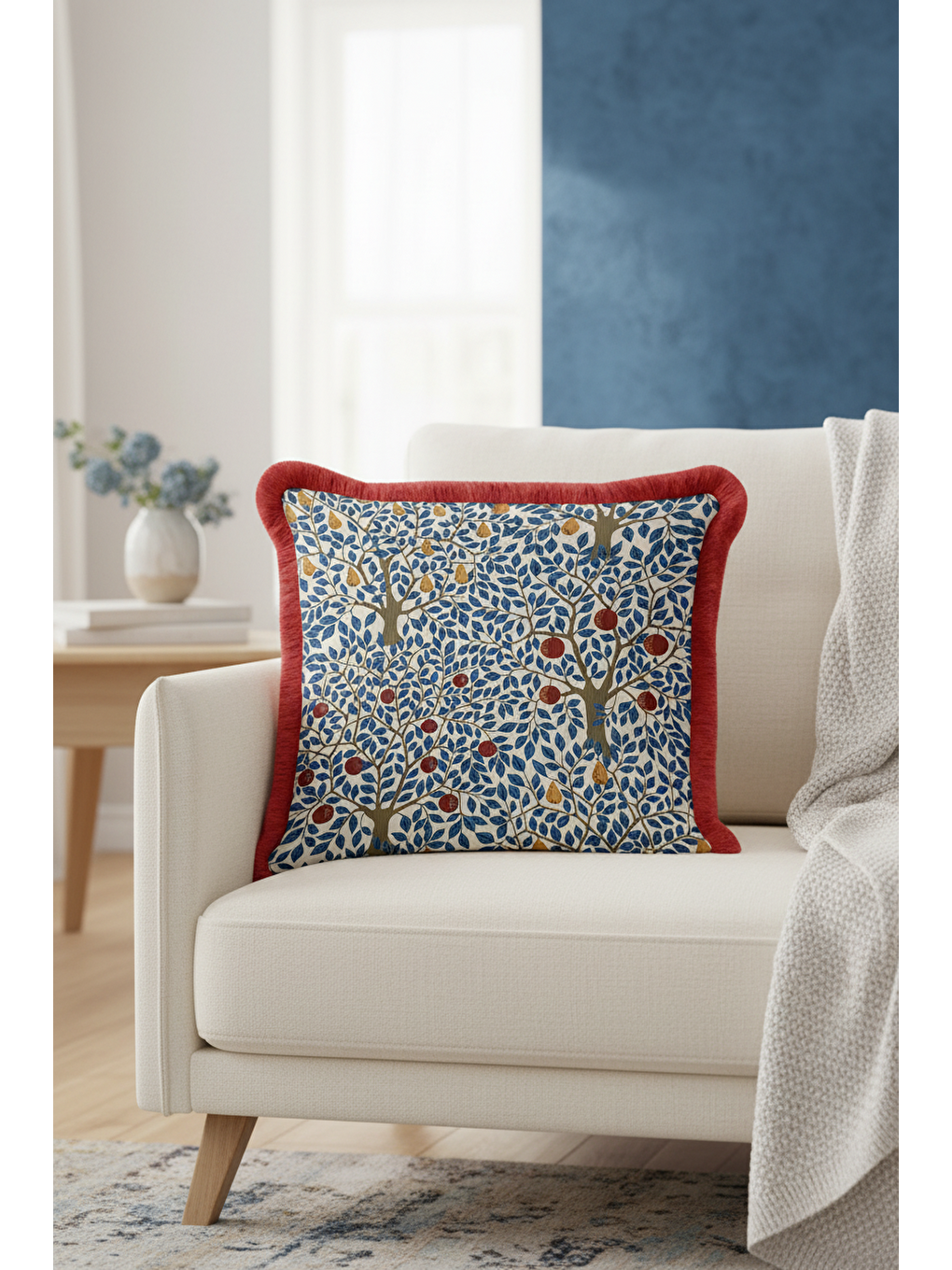 Karışık Meyve Bahçesi Motifli Saçaklı Yastık Kılıfı - Doğal Modern Krem Lacivert Püsküllü Kırlent Kılıfı-1