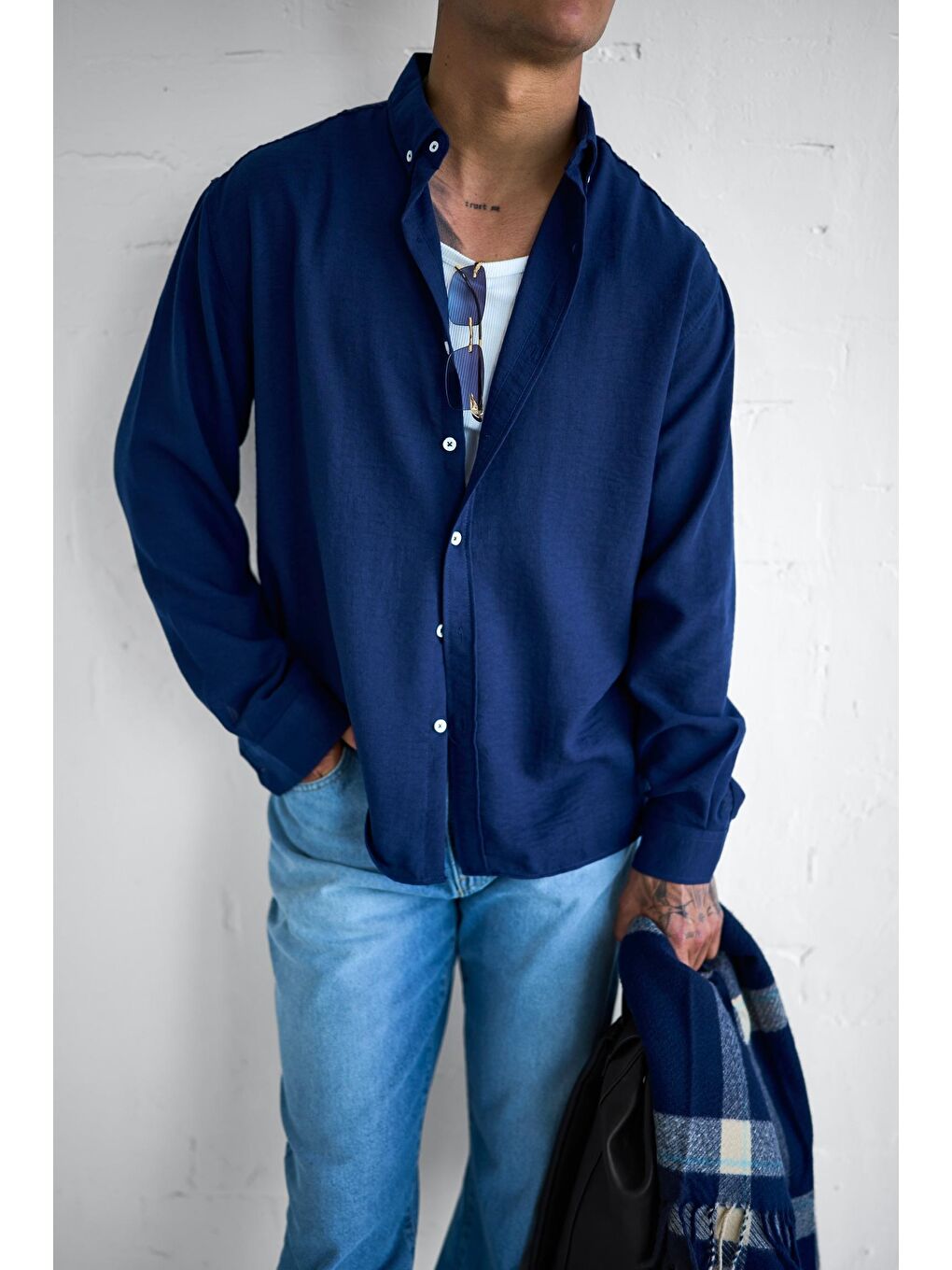 Erkek Oversize Basic Rahat Gömlek Lacivert