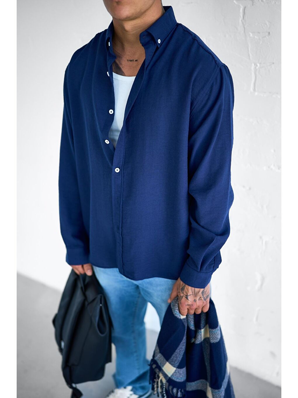 Erkek Oversize Basic Rahat Gömlek Lacivert-1