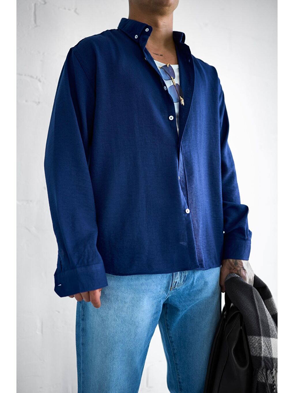 Erkek Oversize Basic Rahat Gömlek Lacivert-2