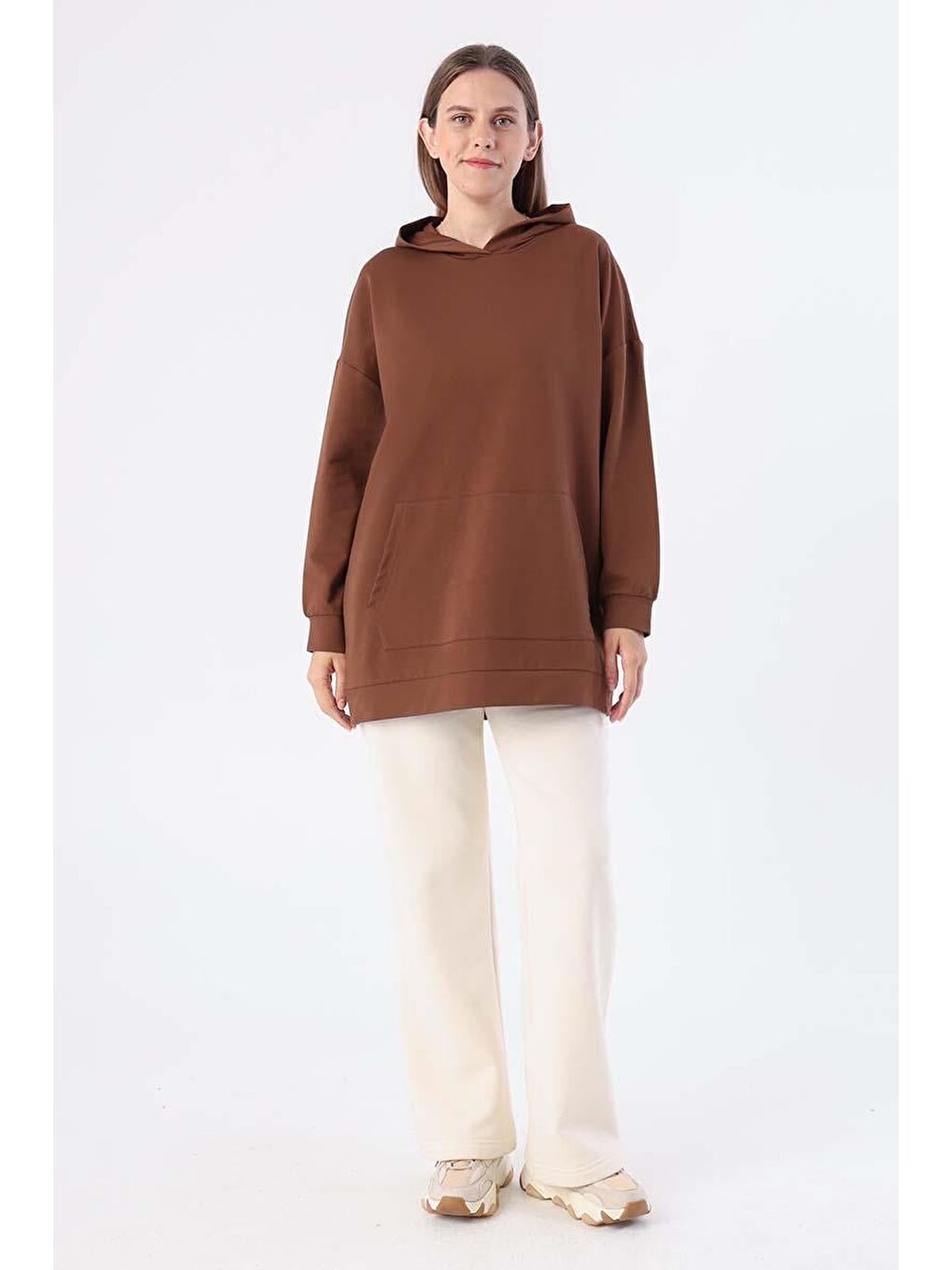 Kahverengi Kahve Kanguru Cepli Kapüşonlu Sweat Tunik-1