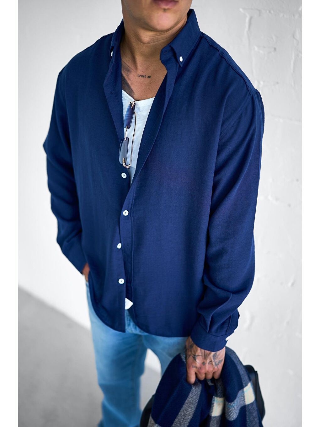 Erkek Oversize Basic Rahat Gömlek Lacivert-3