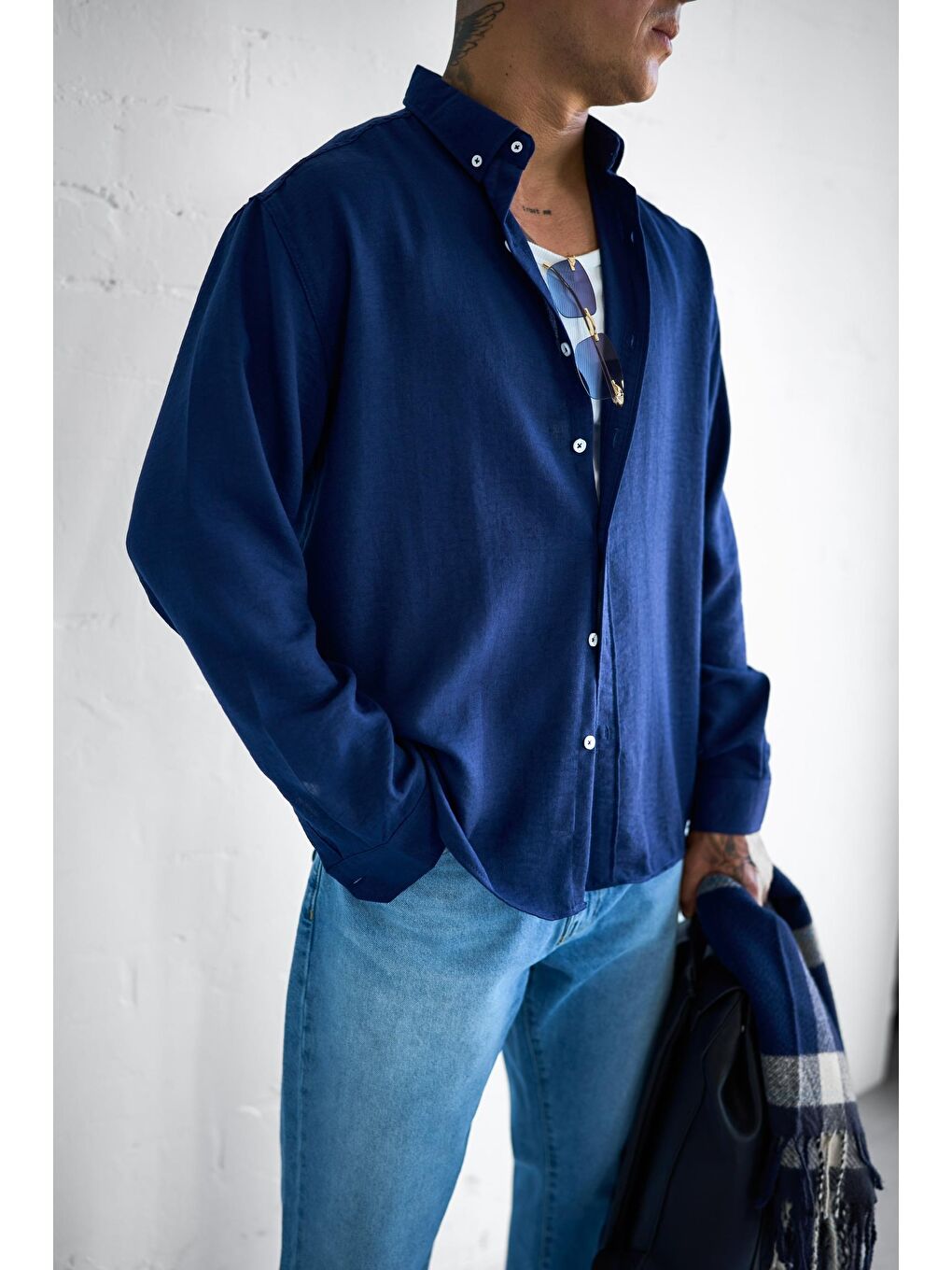 Erkek Oversize Basic Rahat Gömlek Lacivert-4