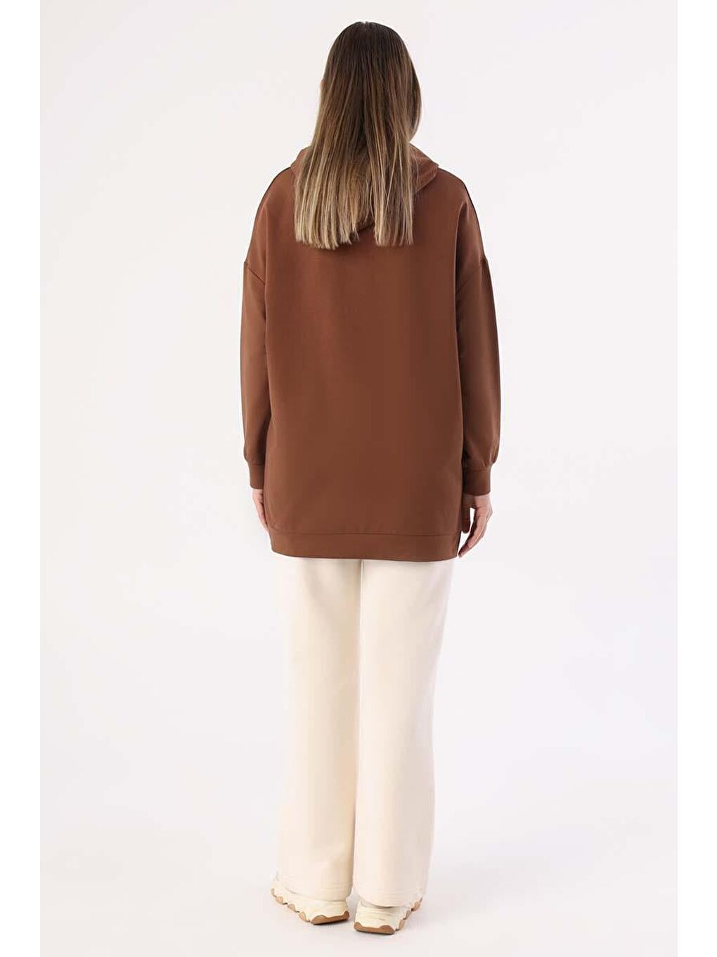Kahverengi Kahve Kanguru Cepli Kapüşonlu Sweat Tunik-3