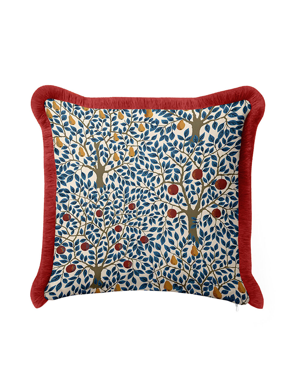 Karışık Meyve Bahçesi Motifli Saçaklı Yastık Kılıfı - Doğal Modern Krem Lacivert Püsküllü Kırlent Kılıfı-2