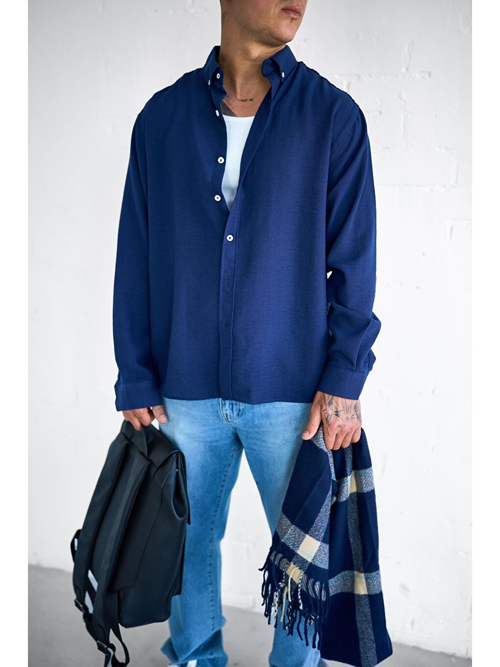 Erkek Oversize Basic Rahat Gömlek Lacivert-5