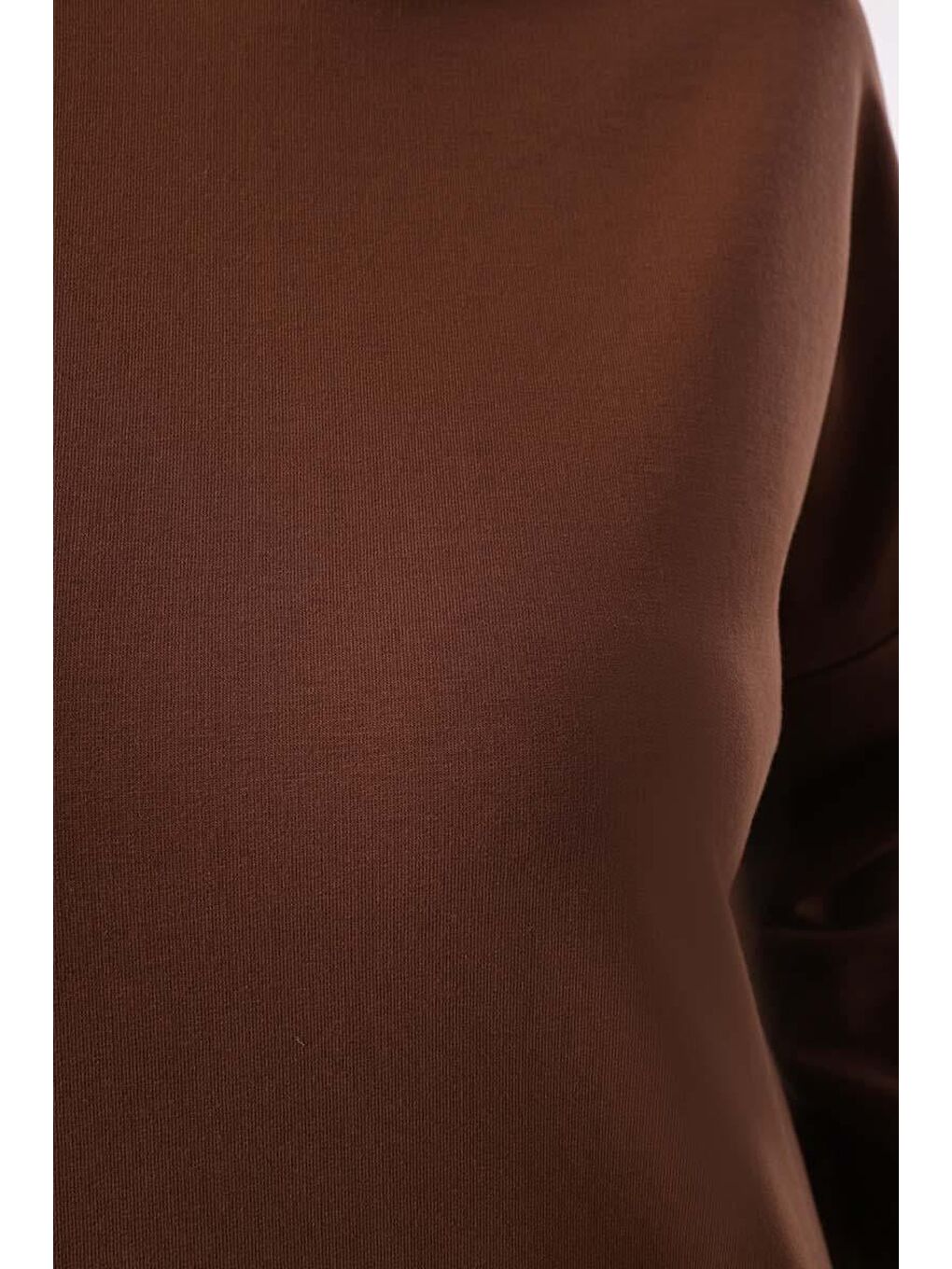 Kahverengi Kahve Kanguru Cepli Kapüşonlu Sweat Tunik-4