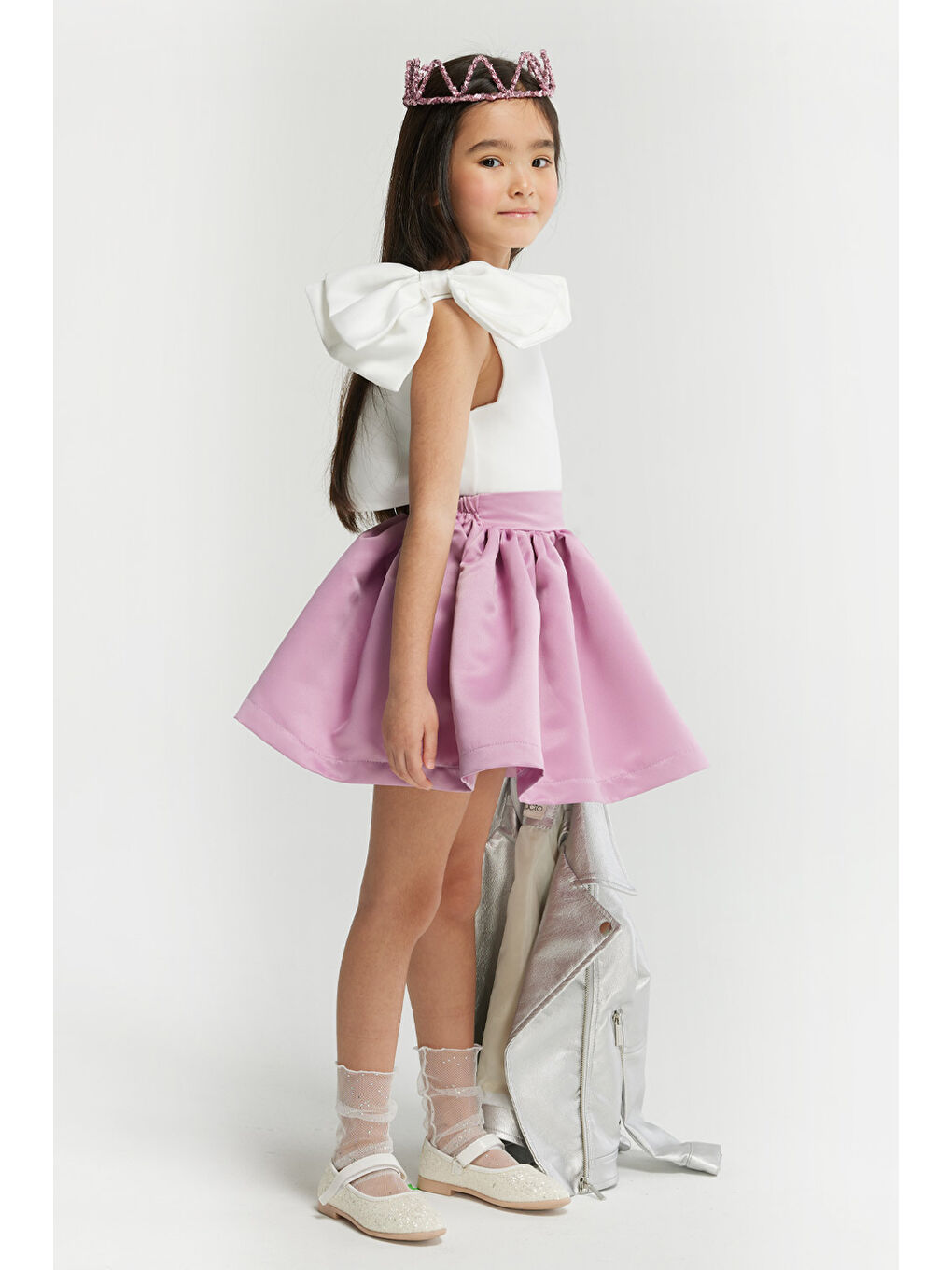 Lila Tek Omuzlu Fiyonk Detaylı Etek Crop Kız Çocuk İkili Takım - Luisa-1