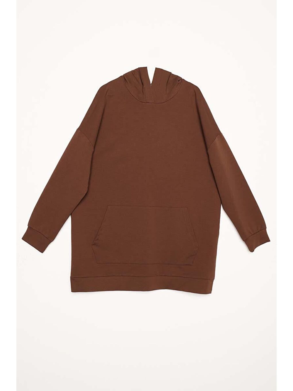 Kahverengi Kahve Kanguru Cepli Kapüşonlu Sweat Tunik-6
