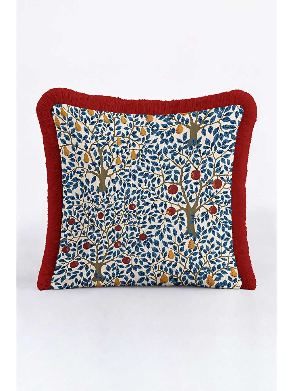 Karışık Meyve Bahçesi Motifli Saçaklı Yastık Kılıfı - Doğal Modern Krem Lacivert Püsküllü Kırlent Kılıfı-3