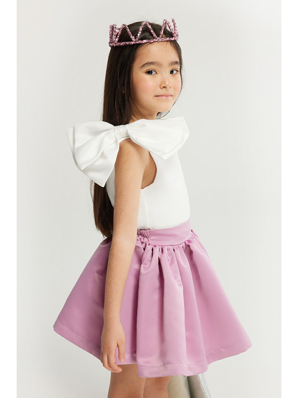 Lila Tek Omuzlu Fiyonk Detaylı Etek Crop Kız Çocuk İkili Takım - Luisa-2