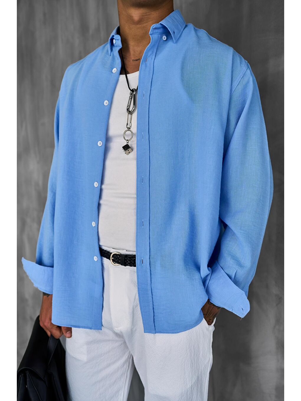 Erkek Oversize Basic Rahat Gömlek Açık Mavi-4