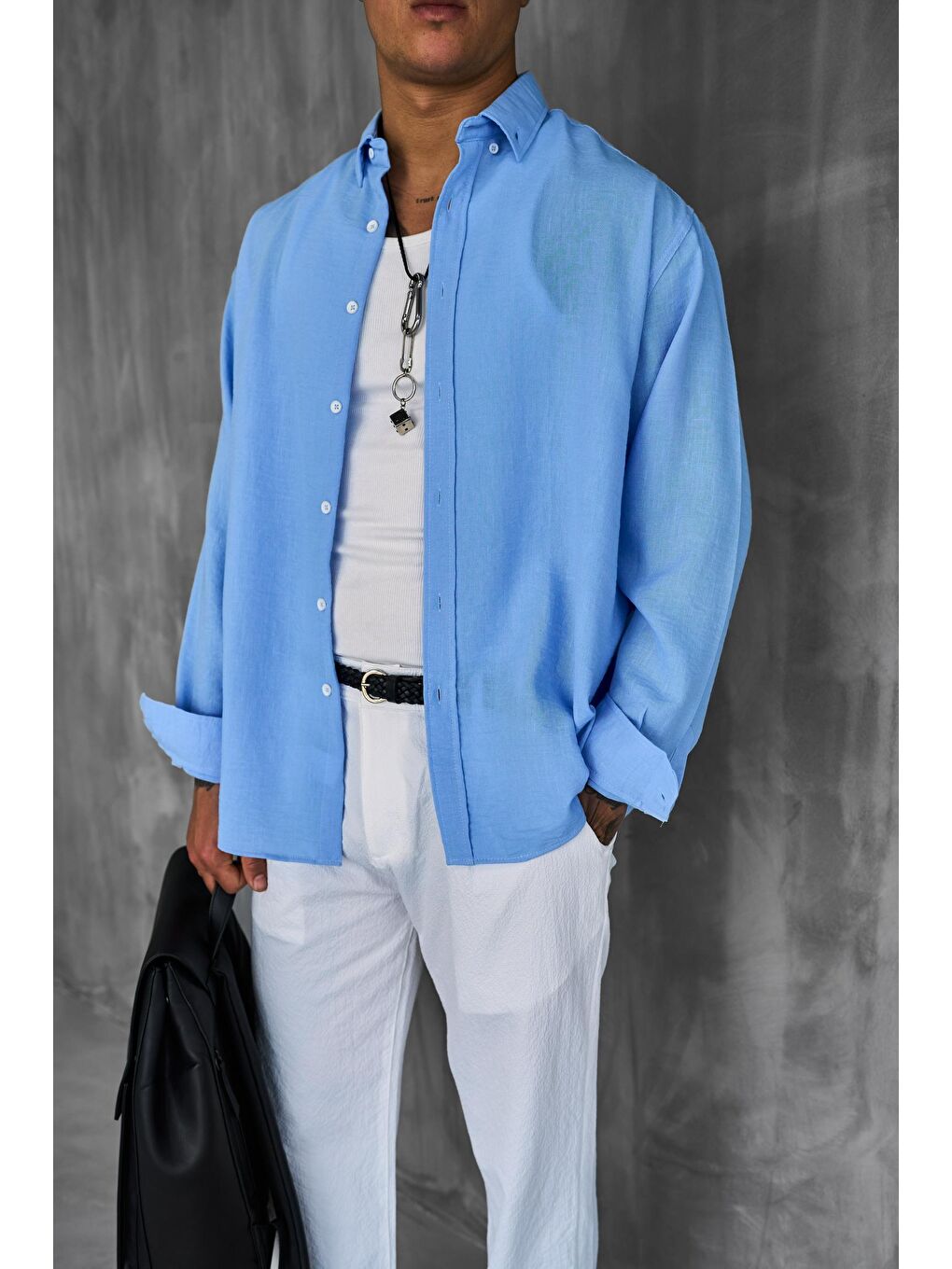 Erkek Oversize Basic Rahat Gömlek Açık Mavi-5