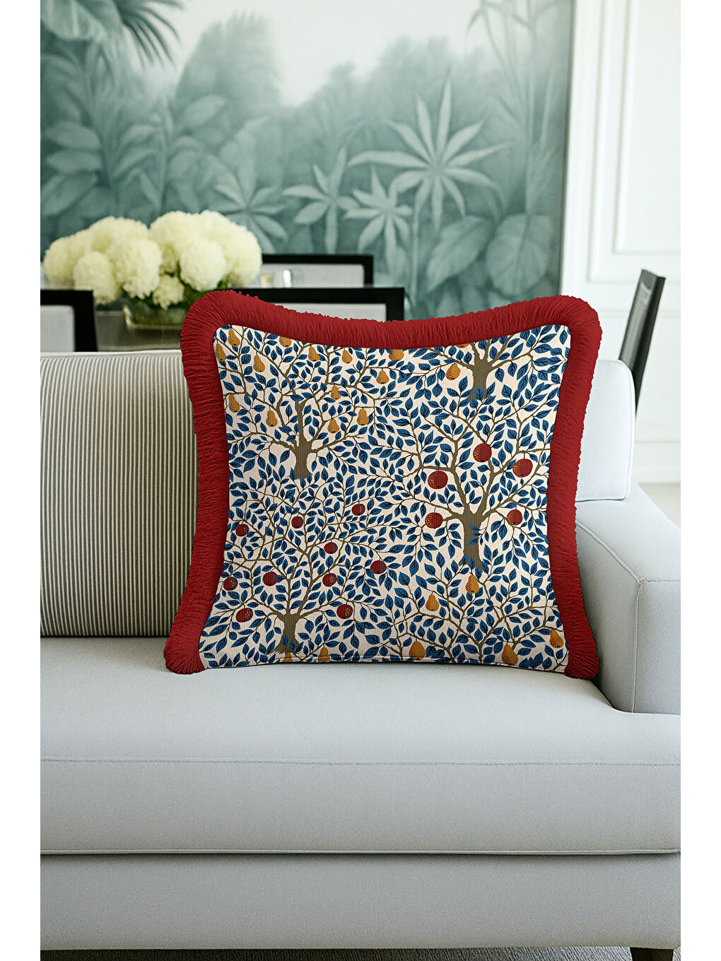 Karışık Meyve Bahçesi Motifli Saçaklı Yastık Kılıfı - Doğal Modern Krem Lacivert Püsküllü Kırlent Kılıfı-4