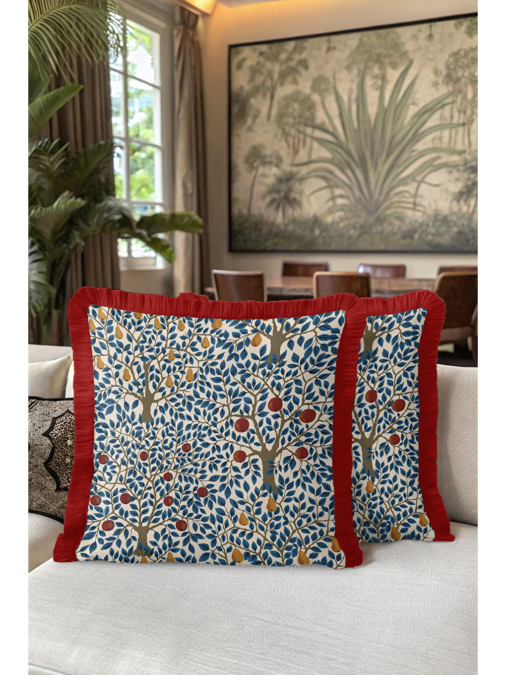 Karışık Meyve Bahçesi Motifli Saçaklı Yastık Kılıfı - Doğal Modern Krem Lacivert Püsküllü Kırlent Kılıfı-5