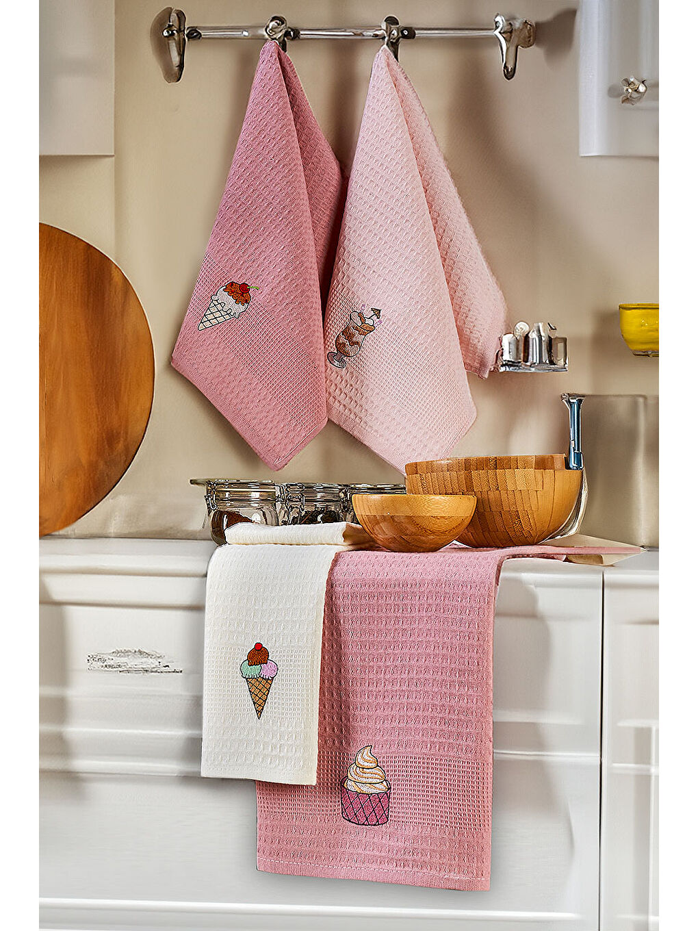 6'lı Nakışlı Kurulama Peçetesi Seti  40x60 Cm Pembe Krem %100 Pamuk Yumuşak ve Emici