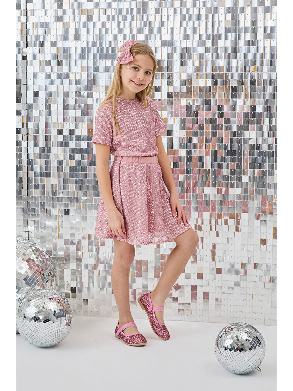 Pembe Pul Payetli Kız Çocuk İkili Takım - Larina-1