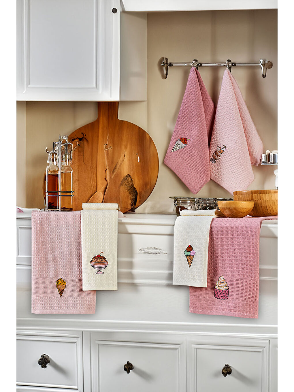 6'lı Nakışlı Kurulama Peçetesi Seti  40x60 Cm Pembe Krem %100 Pamuk Yumuşak ve Emici-1